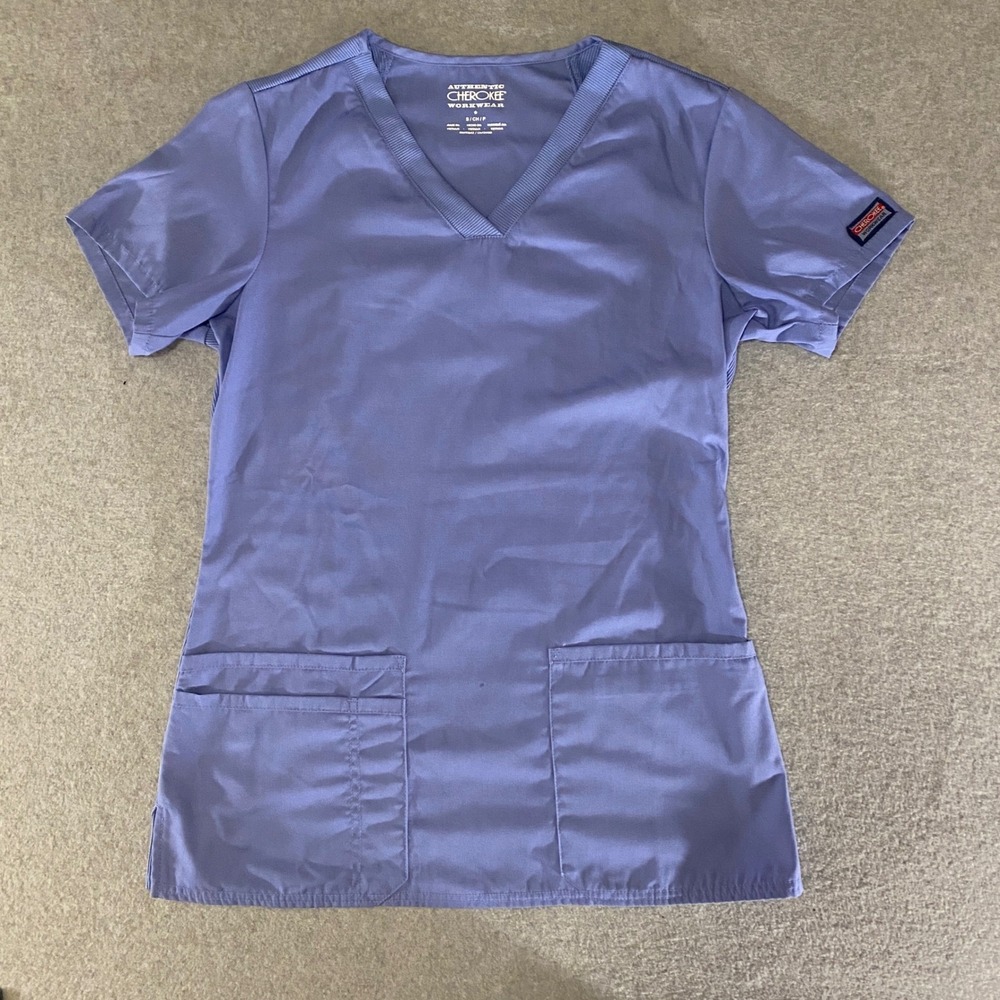Cherokee Workwear Womens Blue V-Neck Scrub Top Rib Knit Panels WW645 Small